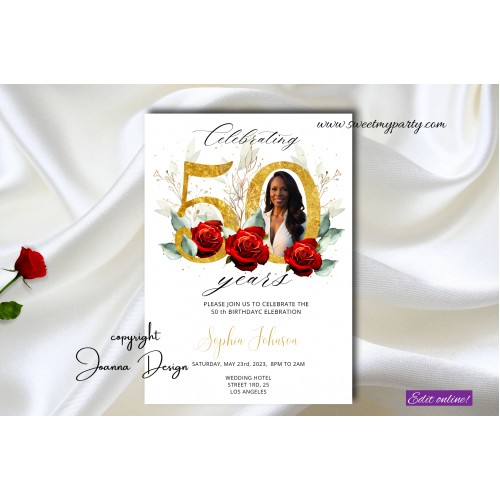 50th Birthday Party Invitation with photo,Red Roses 50th Birthday Party Celebration Invitation,(148w)